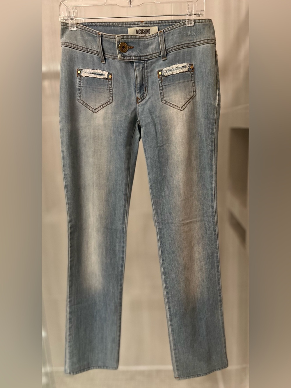 MOSCHINO Jeans Donna Distressed Frayed Trim Pocket Straight Leg Blue Size 28